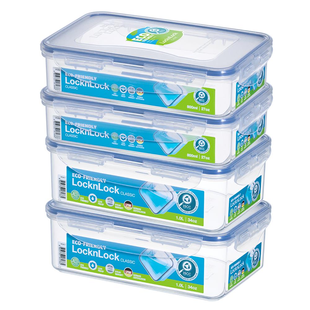 LocknLock Classic Frischhaltedosen 4er Set 2x 800 ml, 2x 1 L - Vorratsdose stapelbar auslaufsicher