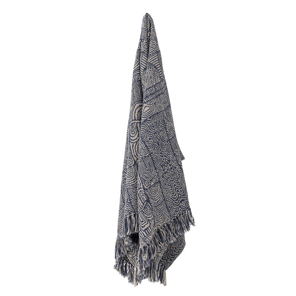 Bloomingville Bresso Decke, Blau, recycelte Baumwolle, 160x130 cm, mit Fransen, waschbar