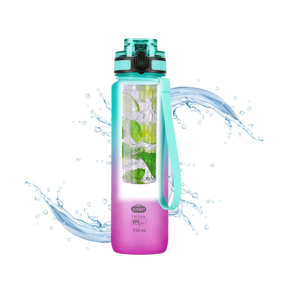 NILS CAMP Trinkflasche Tritan 950 ml türkis-pink mit Fruchteinsatz für Sport Outdoor