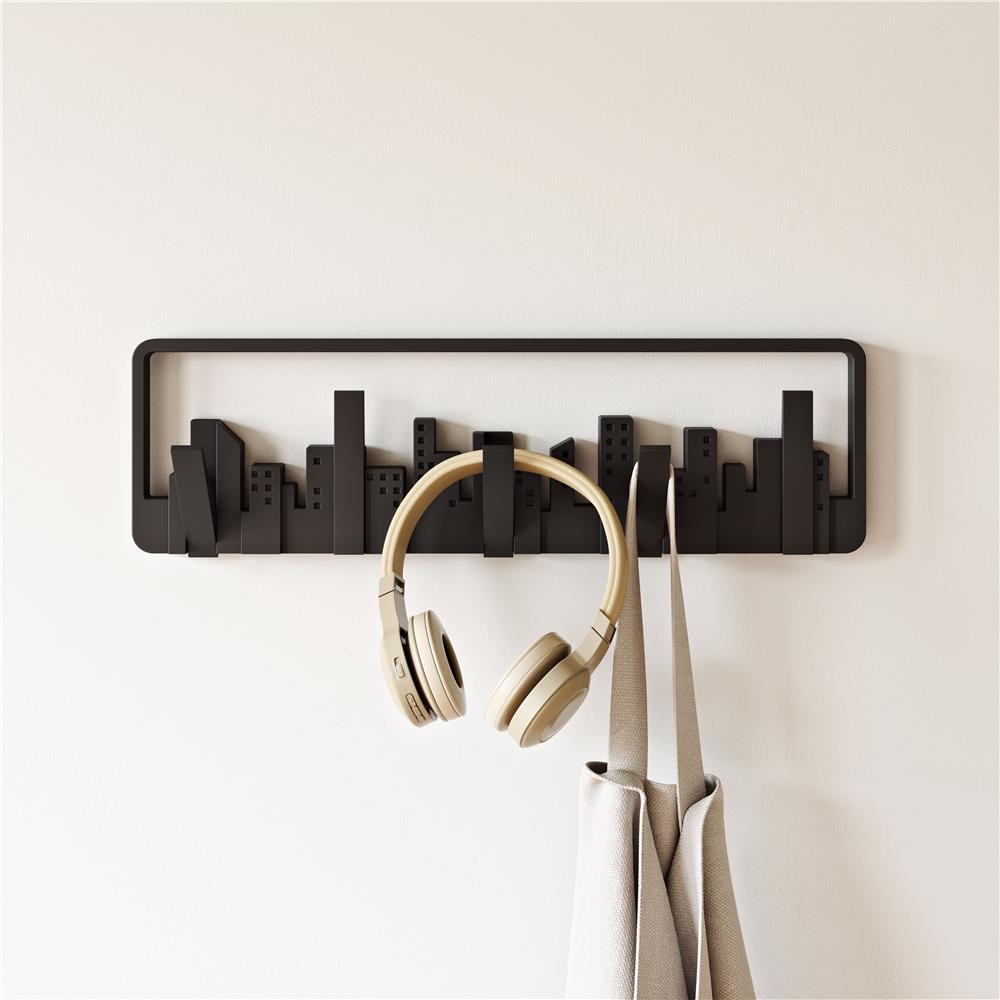 Umbra Skyline Garderobenhaken Schwarz Moderne und Platzsparende Garderobenleiste mit 5 Beweglichen Haken für Jacken Mäntel Schals Handtaschen