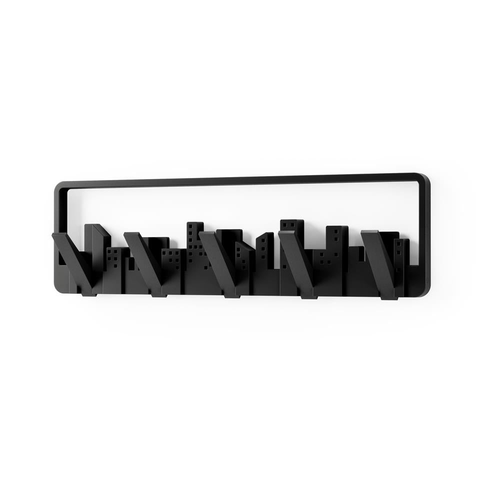 Umbra Skyline Garderobenhaken Schwarz Moderne und Platzsparende Garderobenleiste mit 5 Beweglichen Haken für Jacken Mäntel Schals Handtaschen