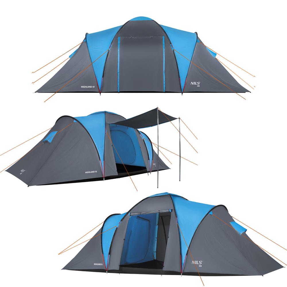 NILS CAMP Highland IV Zelt für 4 Personen Grau-Blau - großes Familienzelt mit Vorraum für Camping & Outdoor