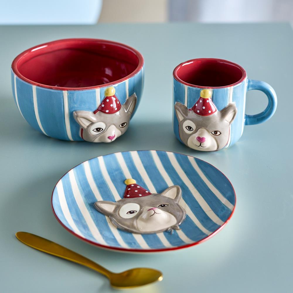 Bloomingville MINI Party Geschirr Set 3-teilig bunt - Kinder Geschirr mit Katzenmotiv für Tisch & Küche