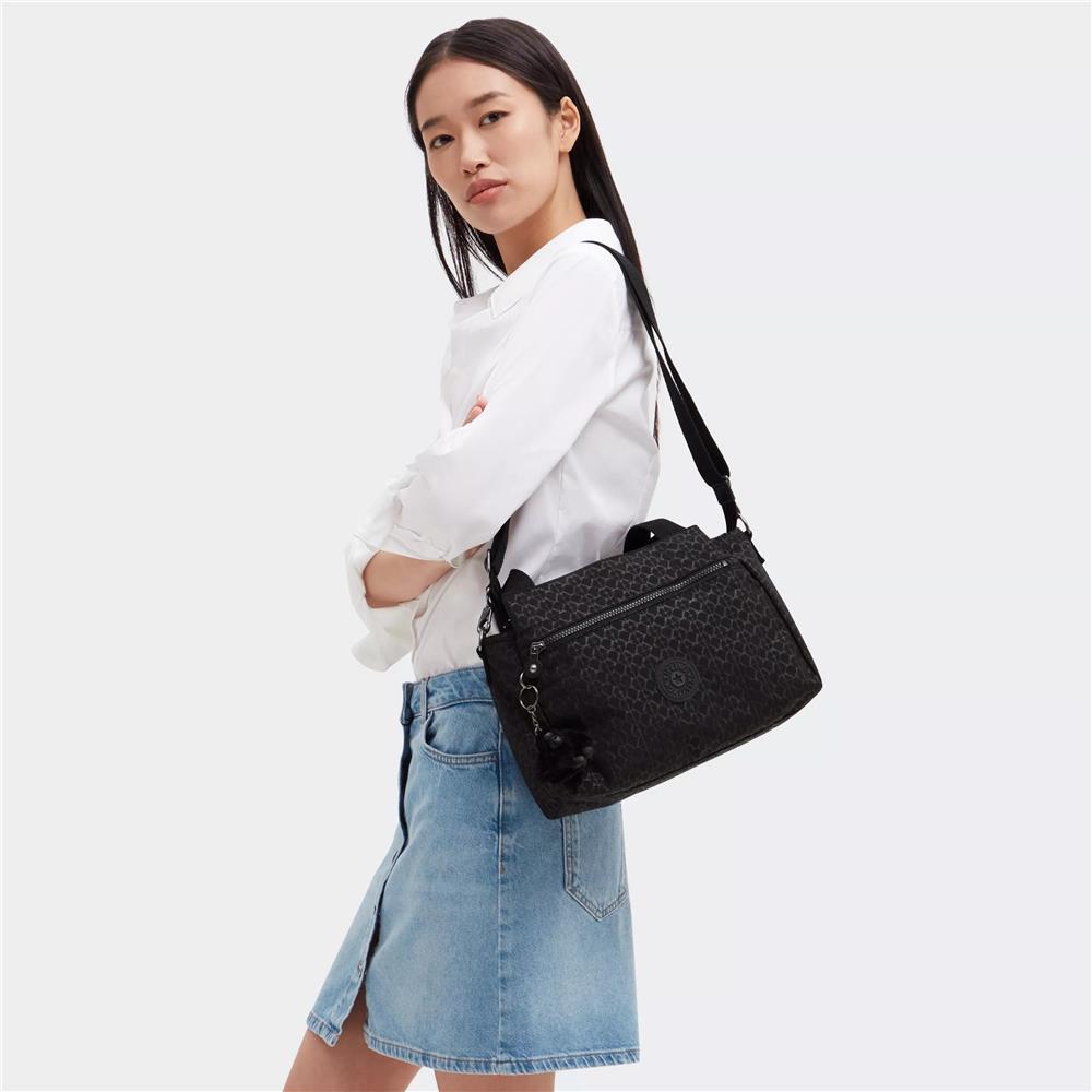Kipling ELYSIA, mittelgroße Schultertasche, Signature Emb (schwarz), Umhängetasche mit vielen Fächern