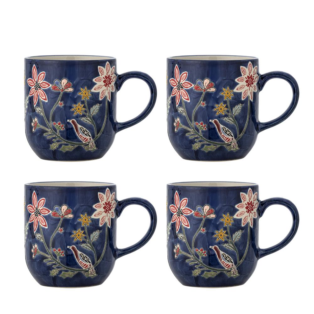 Bloomingville Meredith Tasse 4er Set bunt - Steingut Tassen mit Blumen & Vogelmotiv für Küche & Tischdeko