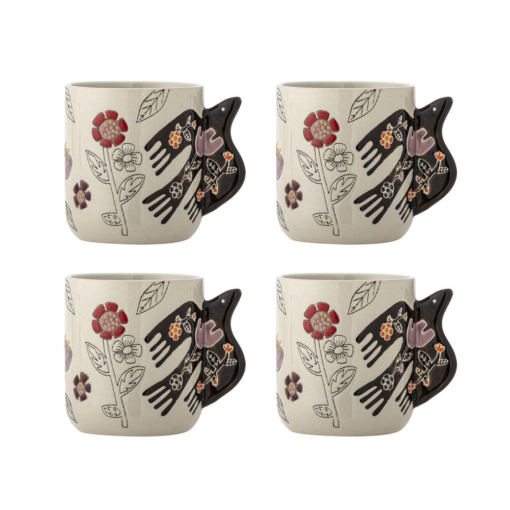 Bloomingville Vivielle Tasse 4er Set 325 ml D8,5 cm beige - Steinguttassen mit Vogelmotiv für Küche