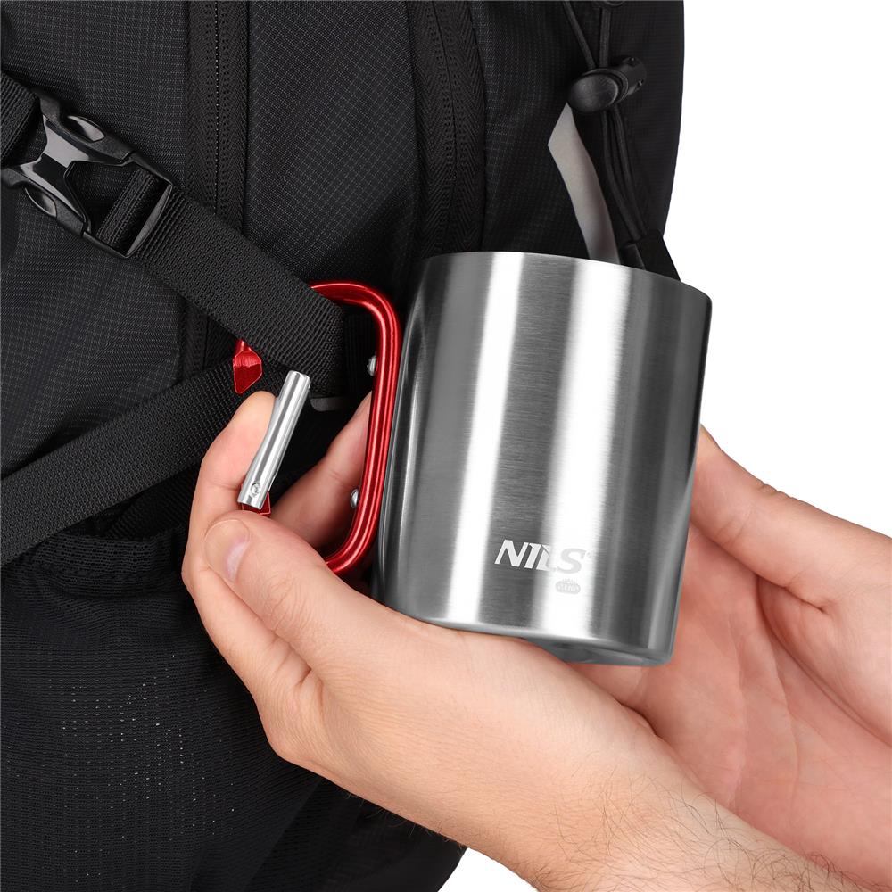 NILS CAMP Campingbecher Edelstahl 300 ml Rot - doppelwandiger Outdoor Becher mit Karabiner für Camping