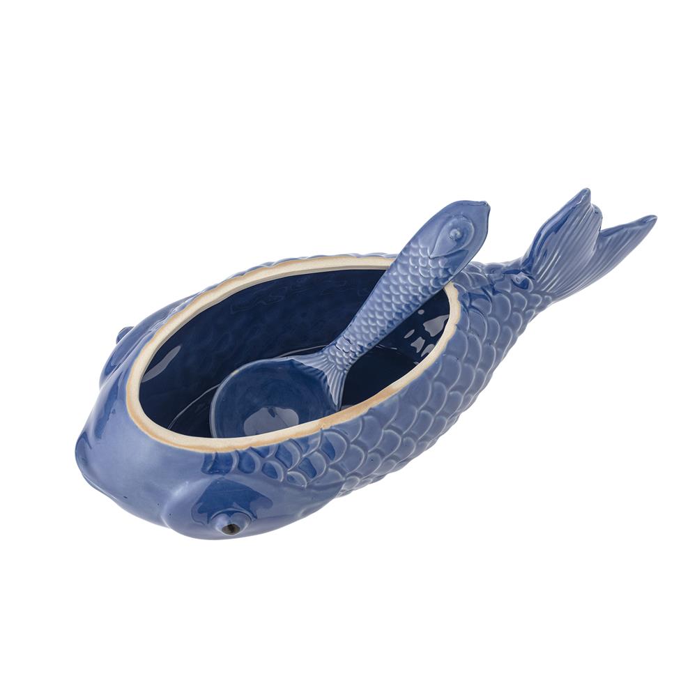 Bloomingville Hiro Gefäß mit Deckel und Löffel 1700 ml blau - Steingut Fischdose für Küche & Deko