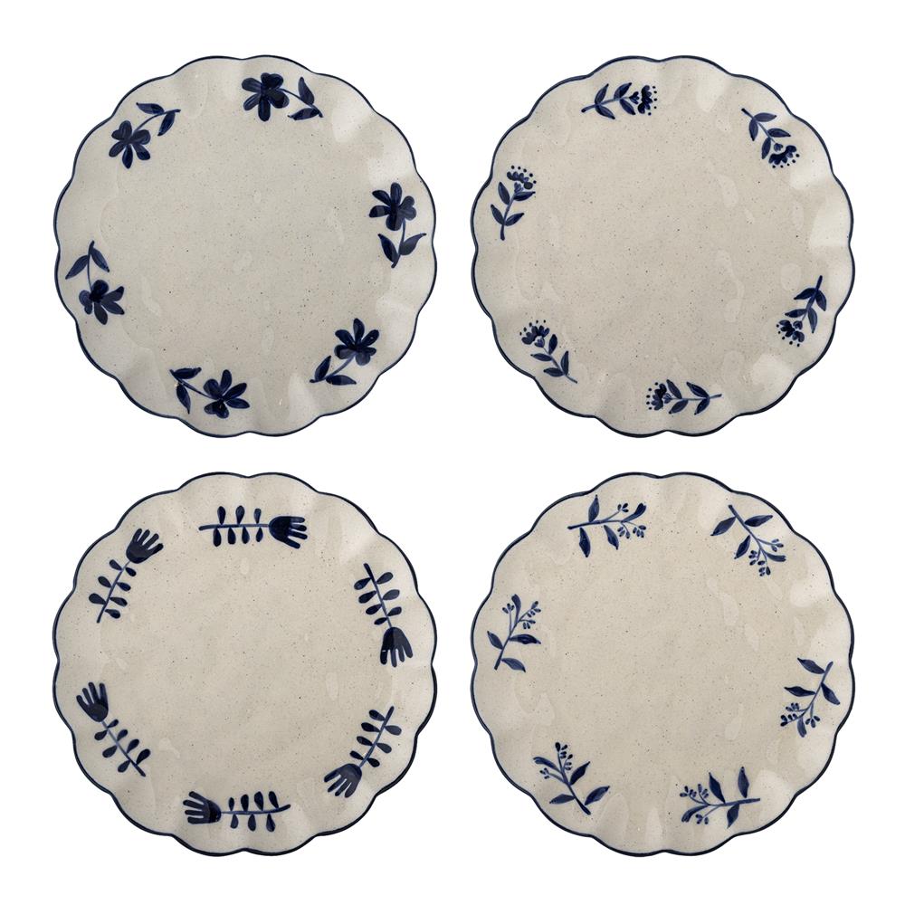 Bloomingville Eimy Teller 4er Set D20,5 cm blau - Steingut Teller mit Blumenmotiv für Tischdeko