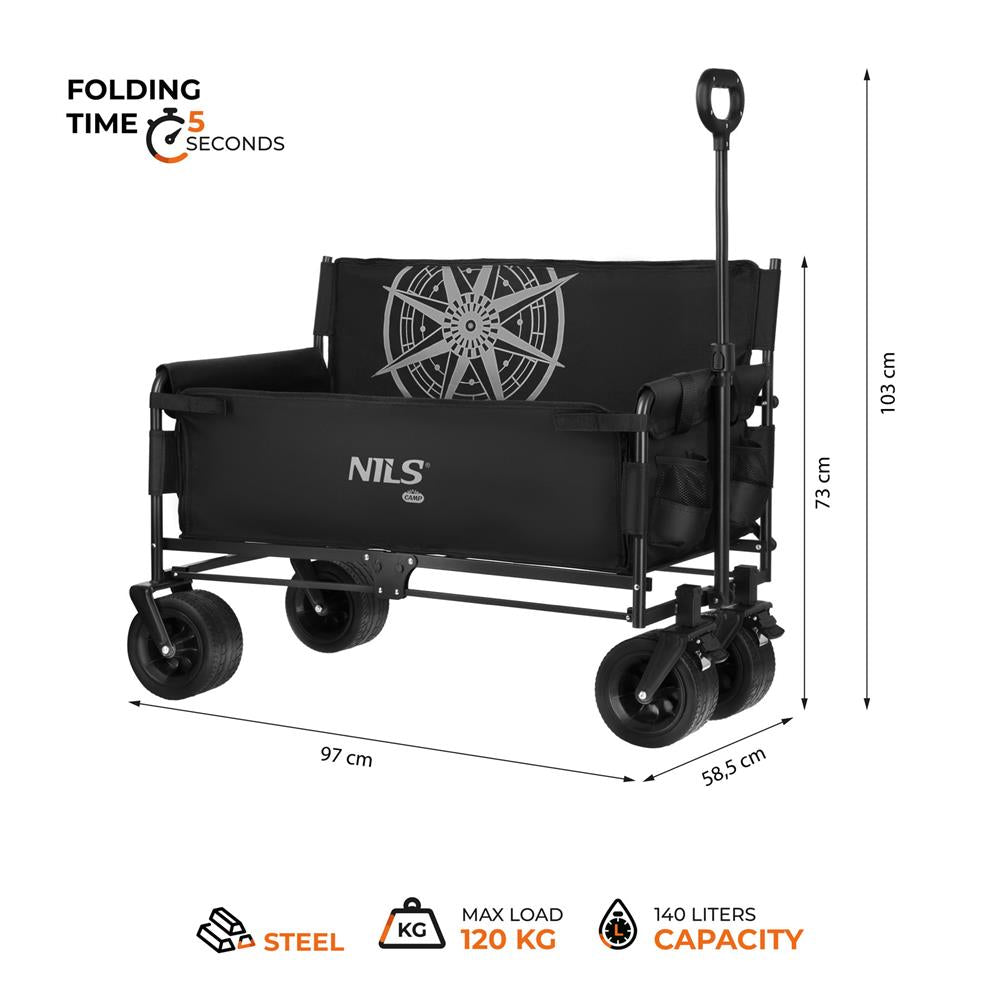 NILS CAMP Bollerwagen faltbar 140L in Grün - Strandwagen mit Sitzfunktion für Camping & Outdoor