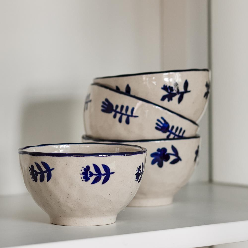 Bloomingville Eimy Schale 4er Set D11 cm blau - Steingut Schalen mit Blumenmotiv für Küche & Tischdeko