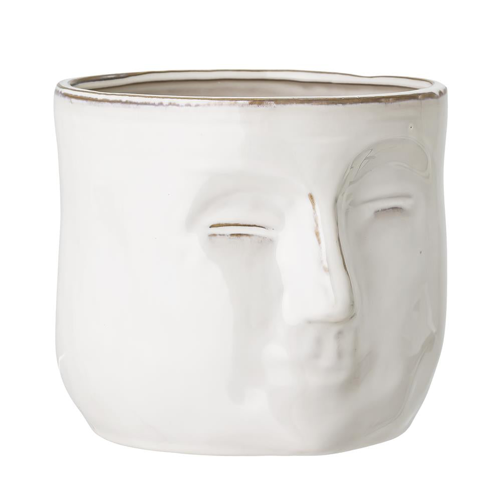 Bloomingville Ignacia Blumentopf – weißer Steinguttopf mit Gesicht, handgefertigt, 18 cm
