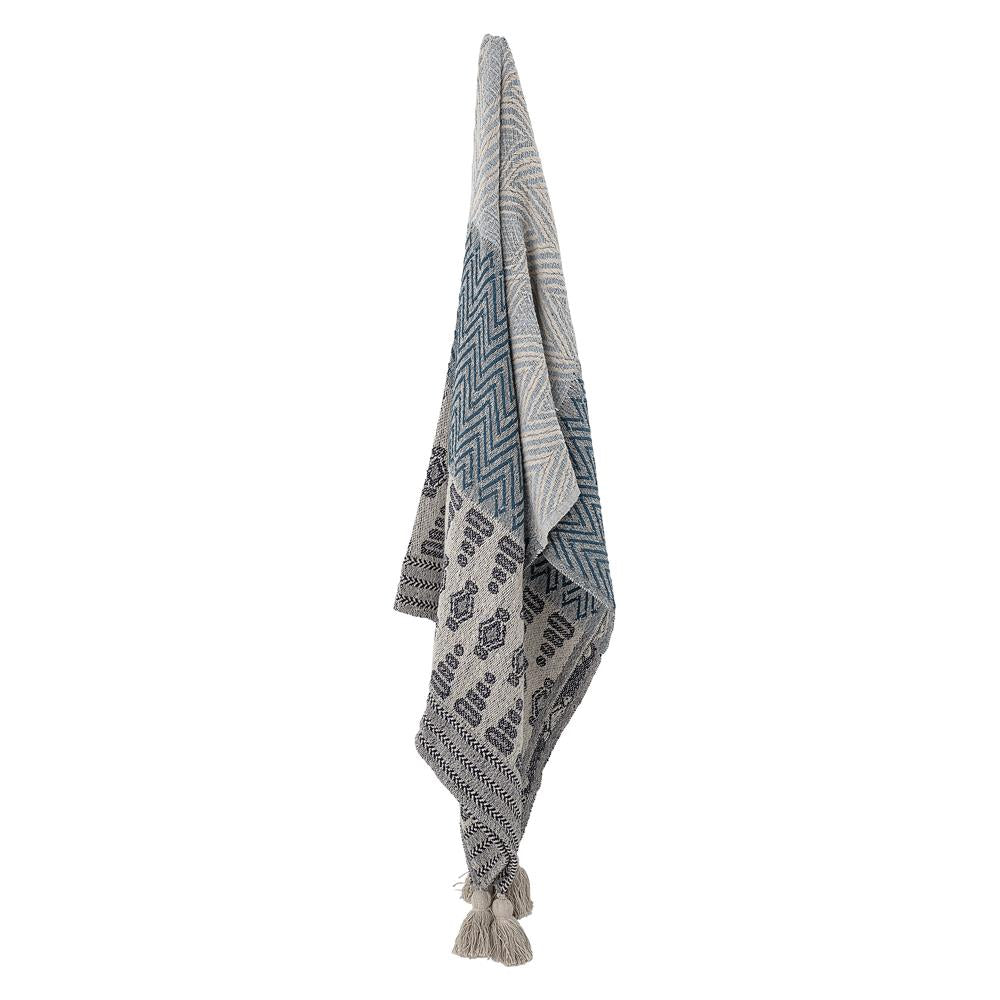 Bloomingville Decke Milas 160x130cm Blau Grau Baumwolle Quasten Tagesdecke Kuscheldecke Überwurf
