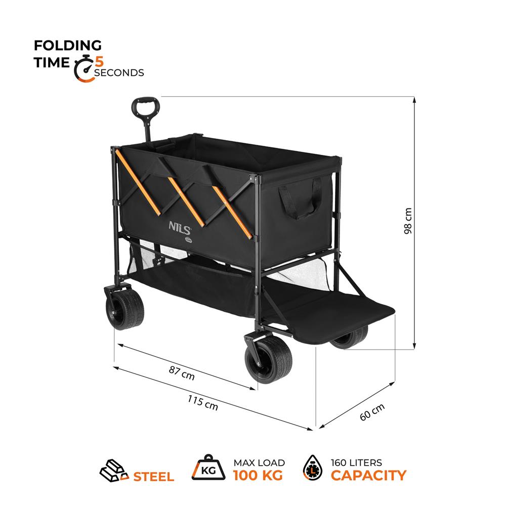 NILS CAMP Bollerwagen XXL 160L in Schwarz Orange - faltbarer Campingwagen mit Netzablage