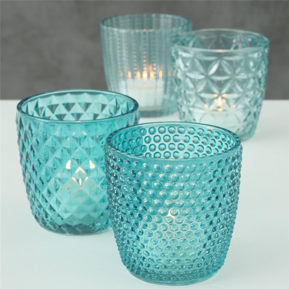 BOLTZE Windlicht Marilu 4er Set Petrol Türkis Glas Kerzenhalter Teelichthalter Maritimes Design