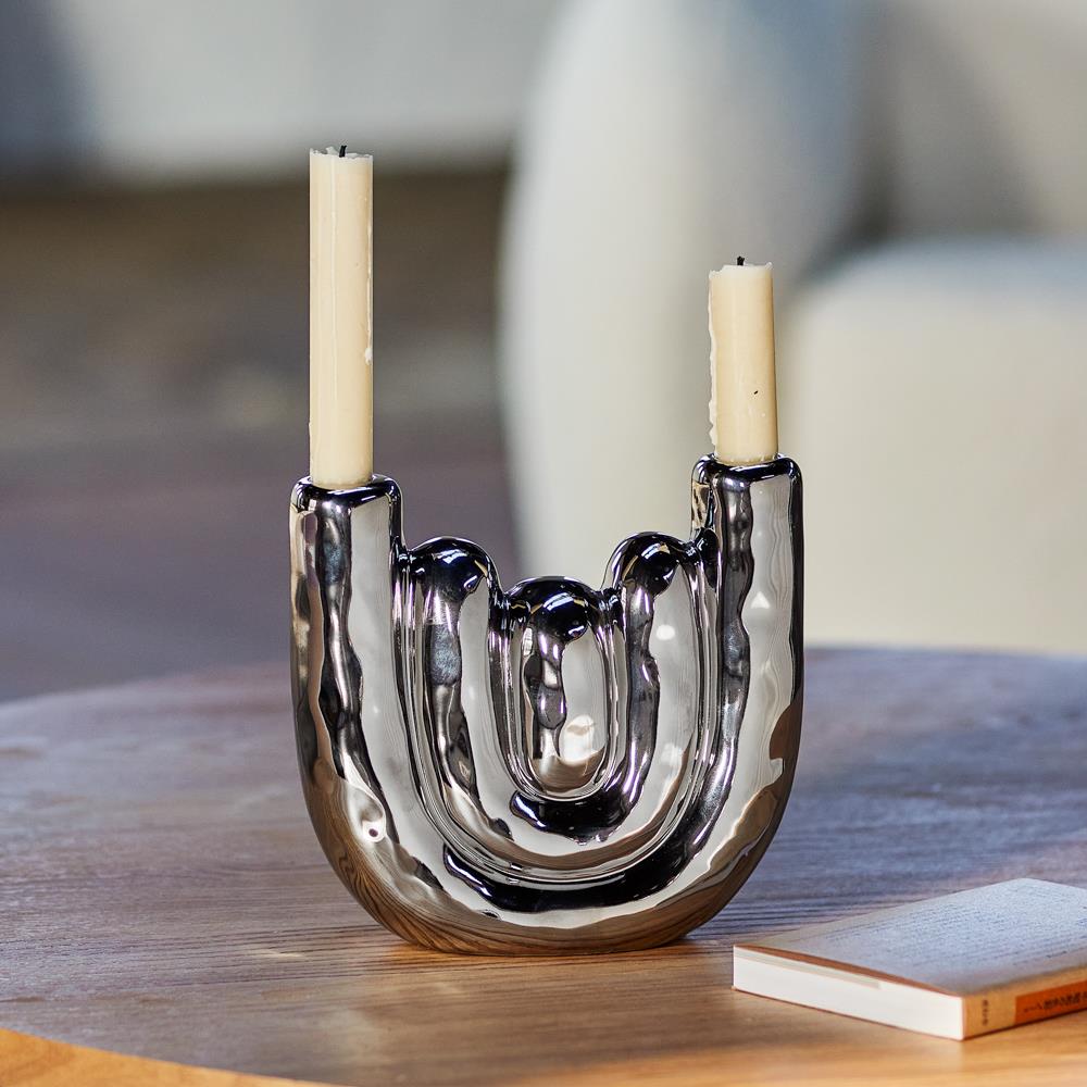 Bloomingville Shine Kerzenhalter silber - Steingut Kerzenständer modern für Tischdeko Wohnzimmer