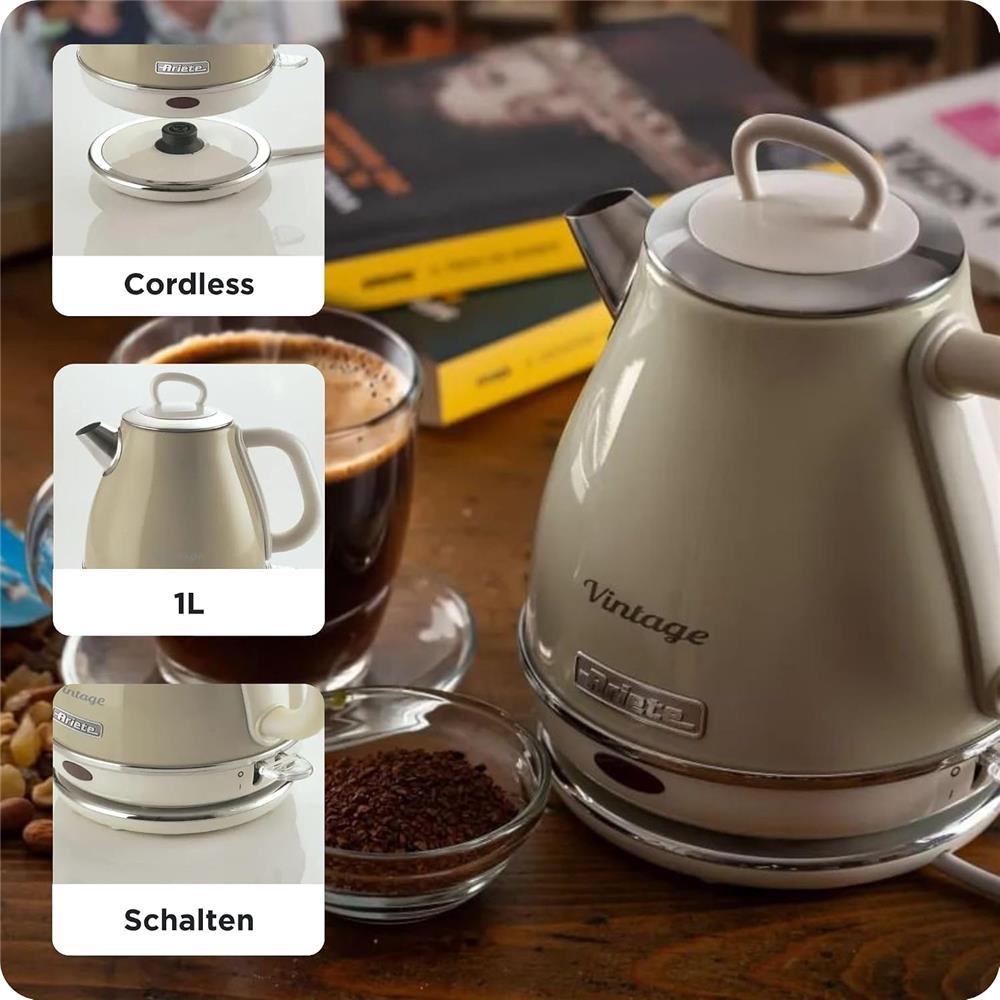 Ariete Vintage Wasserkocher, Beige, Edelstahlkessel, 1630W, Elegantes Retro-Design