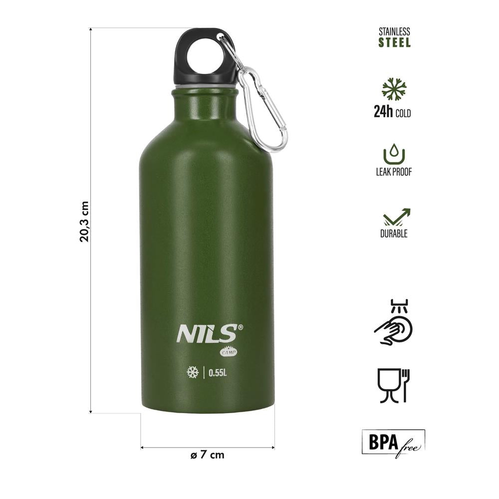 NILS CAMP Trinkflasche Edelstahl 550 ml grün isoliert für Outdoor Camping Reisen