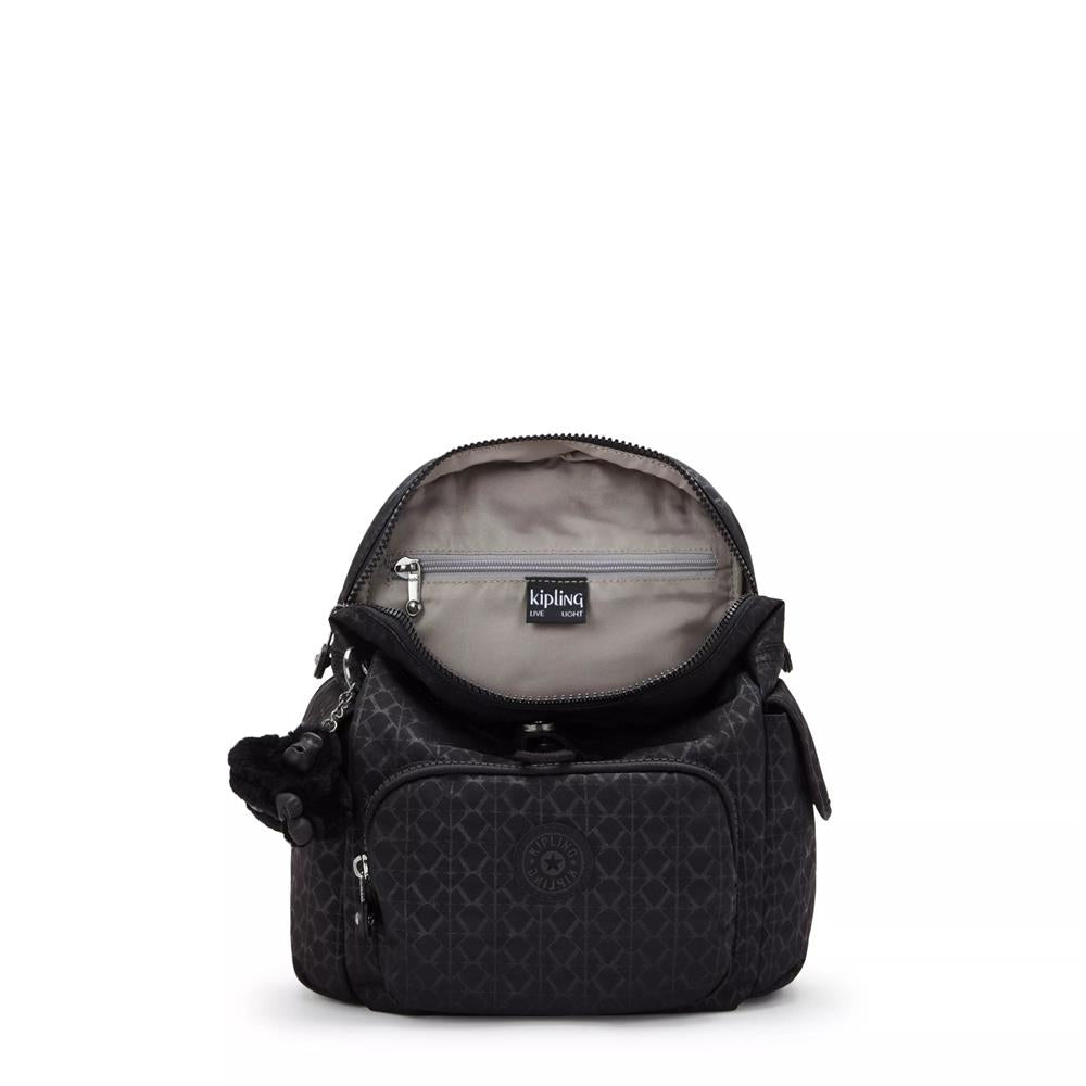 Kipling CITY PACK MINI, kleiner Rucksack, Signature Emb (schwarz), Freizeitrucksack mit Kordelzug