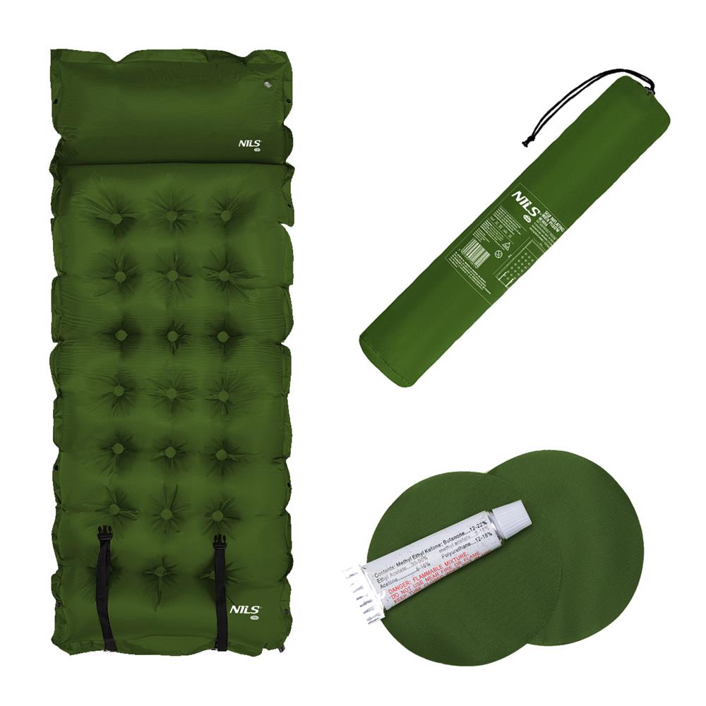 NILS CAMP selbstaufblasende Campingmatte 188 cm dunkelgrün mit Kissen Isomatte Outdoor
