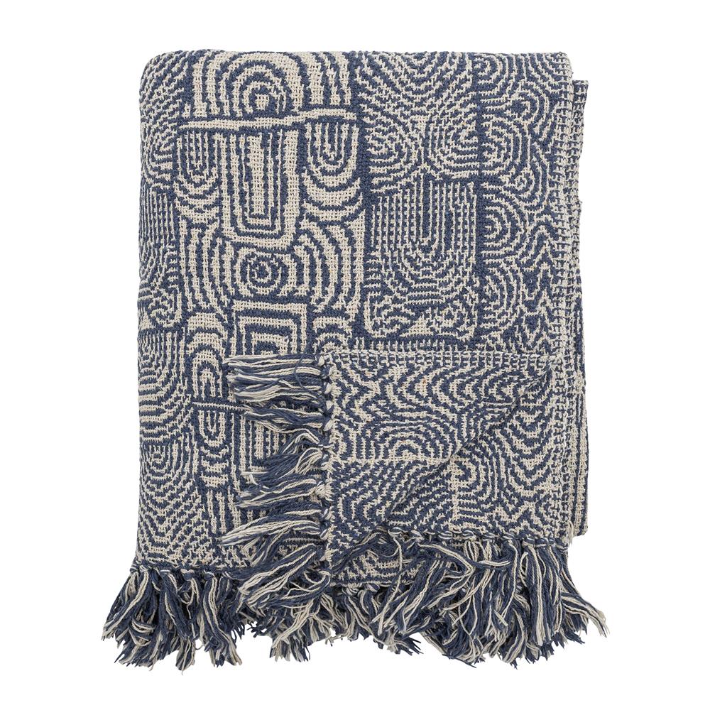 Bloomingville Bresso Decke, Blau, mit recycelter Baumwolle, 160x130 cm, mit Fransen, waschbar