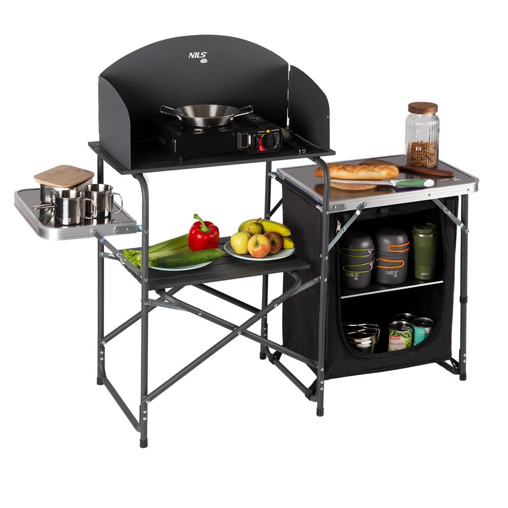 NILS CAMP Campingschrank mit Windschutz - klappbare Outdoor Küche mit Arbeitsflächen für Camping