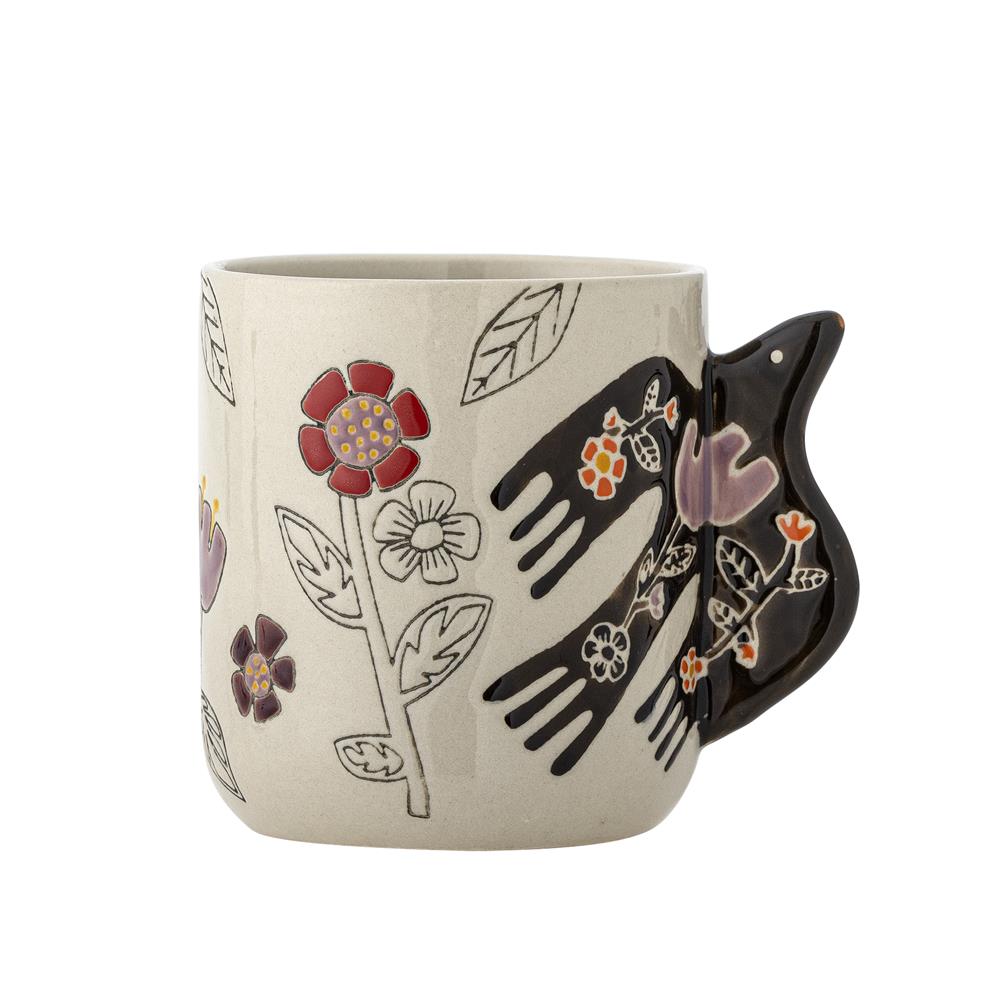 Bloomingville Vivielle Tasse 4er Set 325 ml D8,5 cm beige - Steinguttassen mit Vogelmotiv für Küche