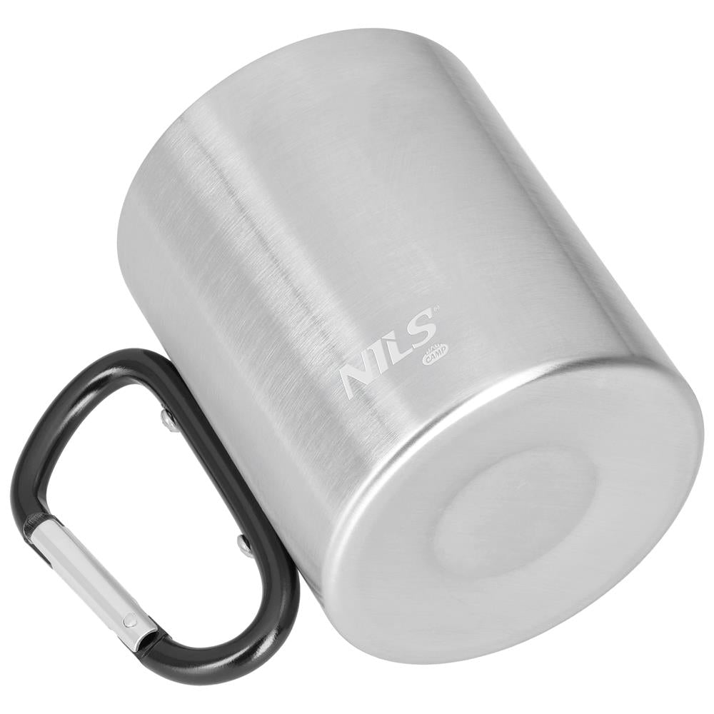 NILS CAMP Campingbecher Edelstahl 300 ml Schwarz - doppelwandiger Outdoor Becher mit Karabiner für Camping