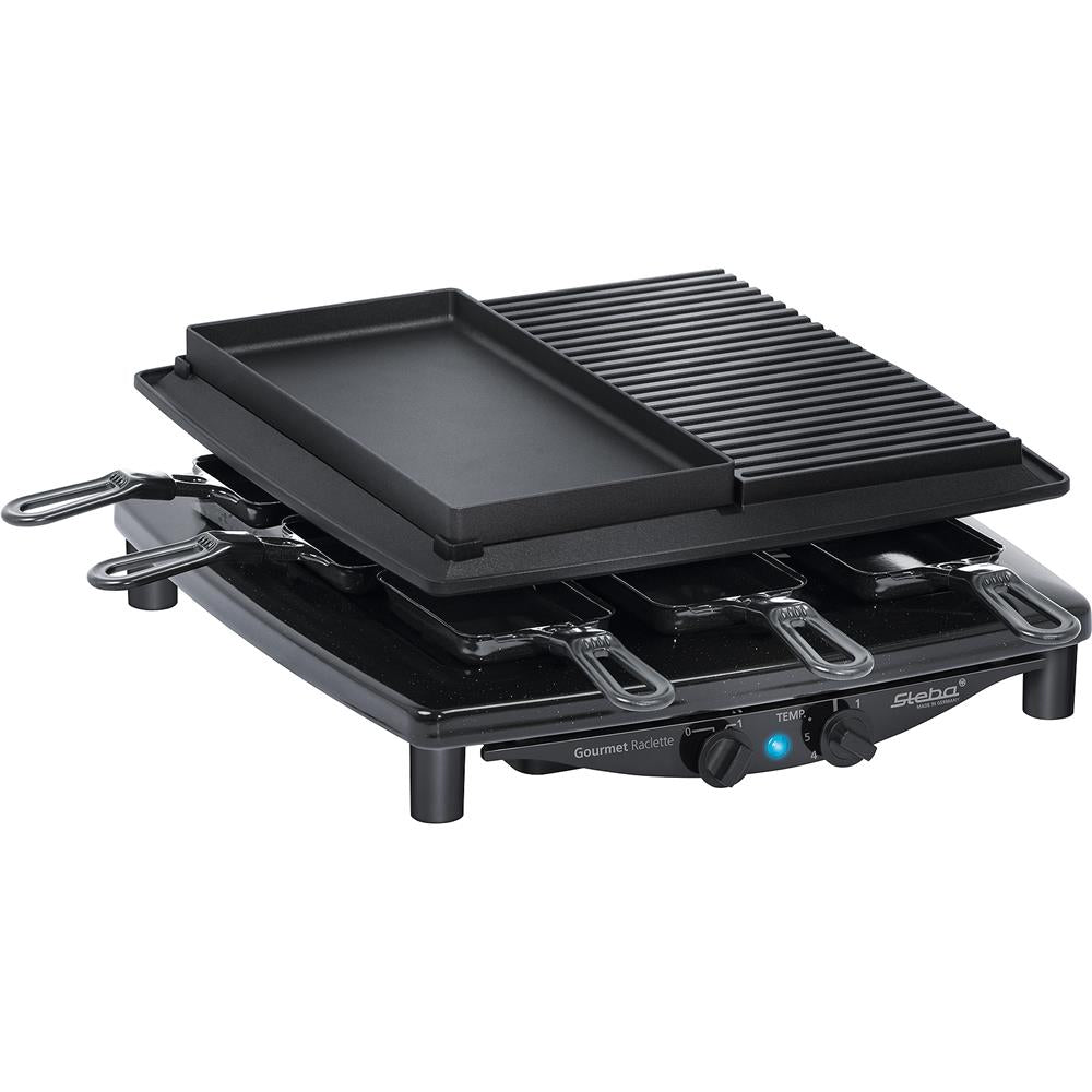 Steba Raclette RC 4 PLUS DELUXE – 4-in-1 Raclette mit Naturstein, Grillplatte & Gourmet-Pfanne, 8 Pfännchen, 1450 W