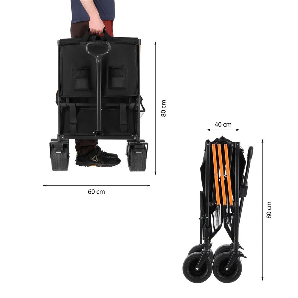 NILS CAMP Bollerwagen XXL 160L in Schwarz Orange - faltbarer Campingwagen mit Netzablage