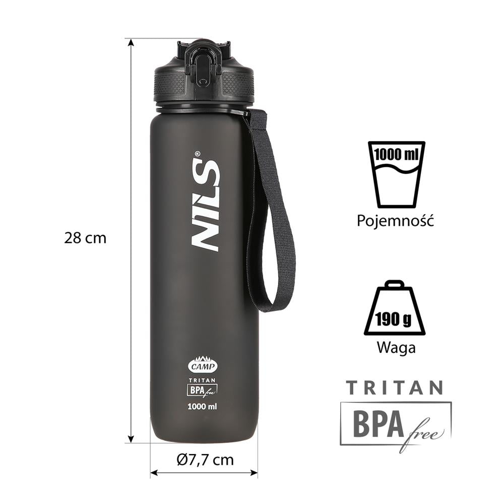 NILS CAMP Trinkflasche Tritan 1000 ml mit Strohhalm schwarz für Outdoor Sport Reisen