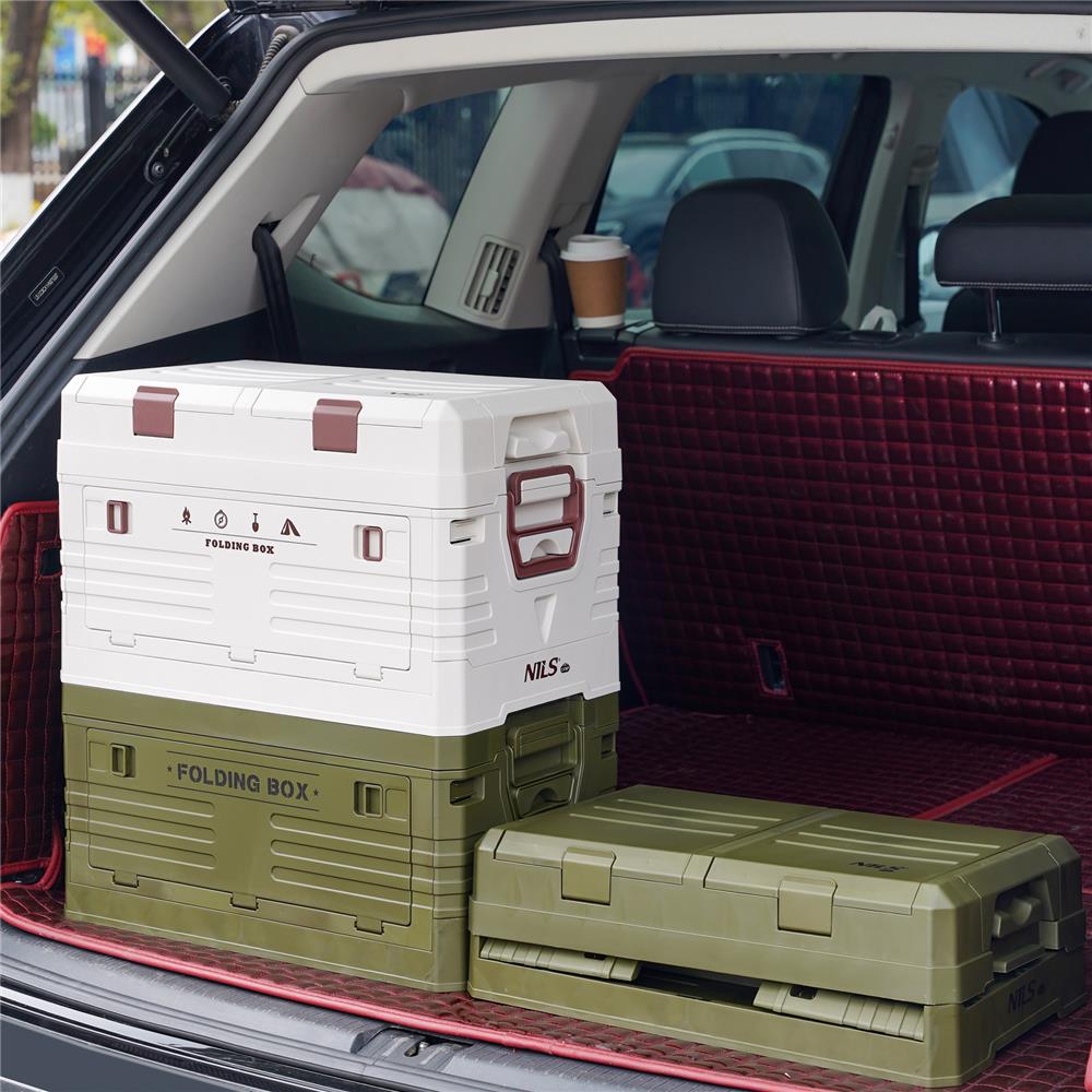 NILS CAMP faltbare Reisebox 42L in Beige - stapelbare Campingbox mit Organizerfächern