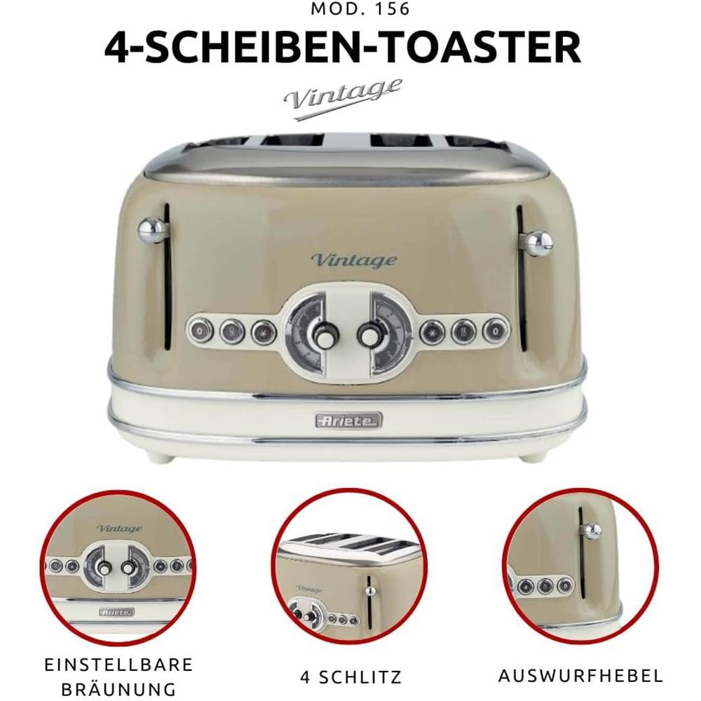 Ariete Vintage Toaster, Beige, 4-Scheiben-Toaster mit 6 Bräunungsstufen, 1600W