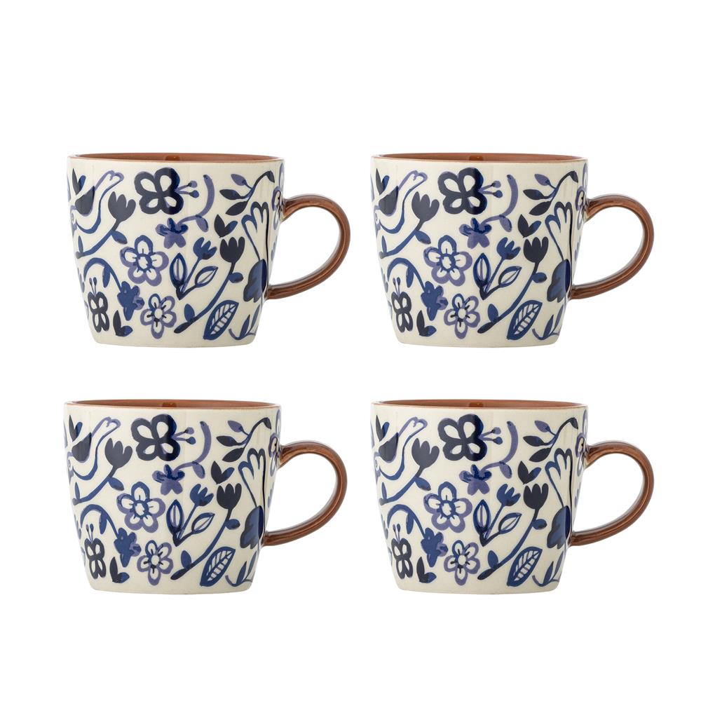Bloomingville Figuria Tasse 4er Set blau - Steingut Tassen mit Blumenmuster für Küche & Tischdeko