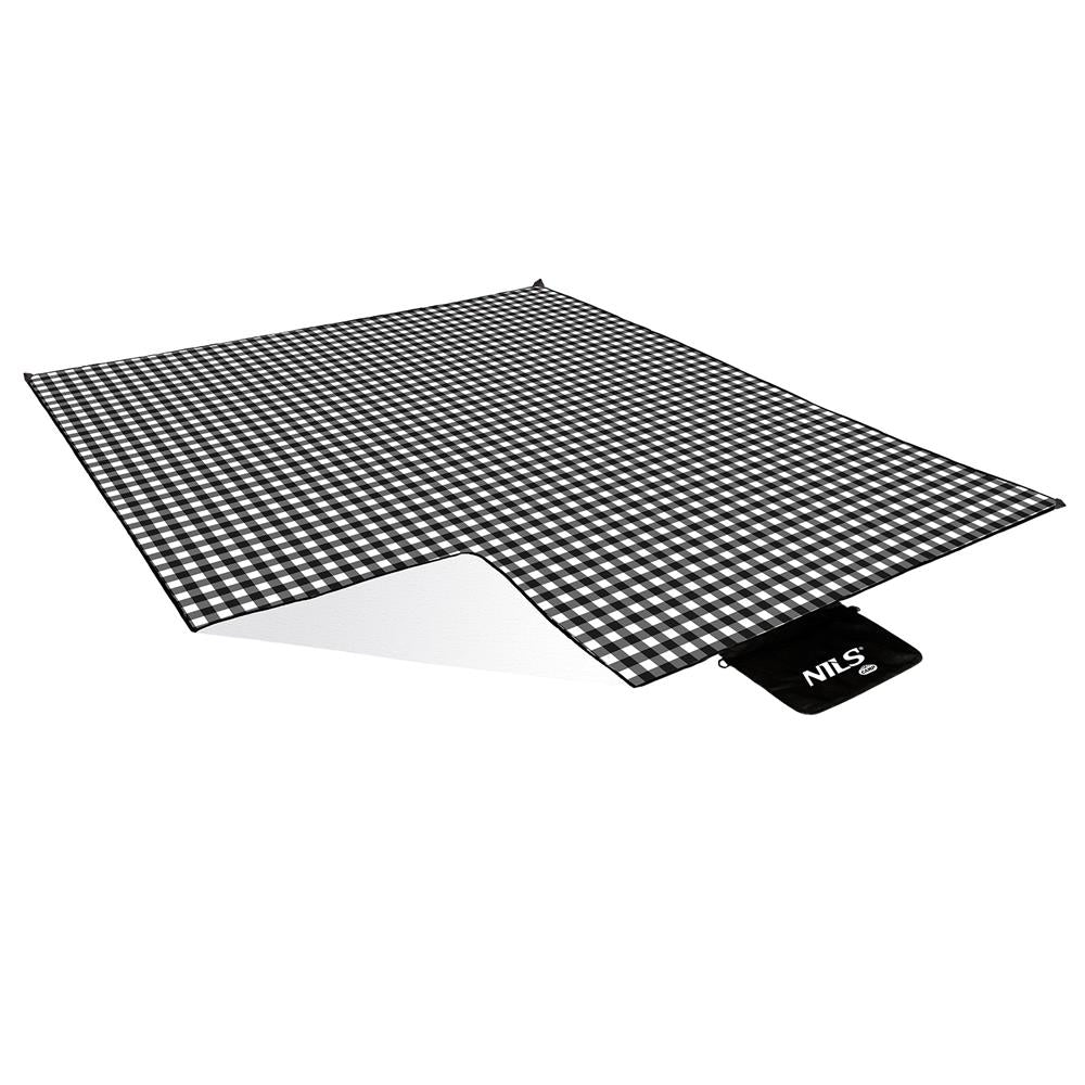 NILS CAMP Picknickdecke Schwarz/Weiß karriert 300x200 cm - große Outdoor Decke für Strand, Garten & Camping