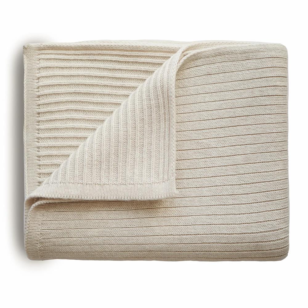 Mushie Gestrickte Babydecke Rippenmuster, Beige Melange, aus 100% Bio-Baumwolle