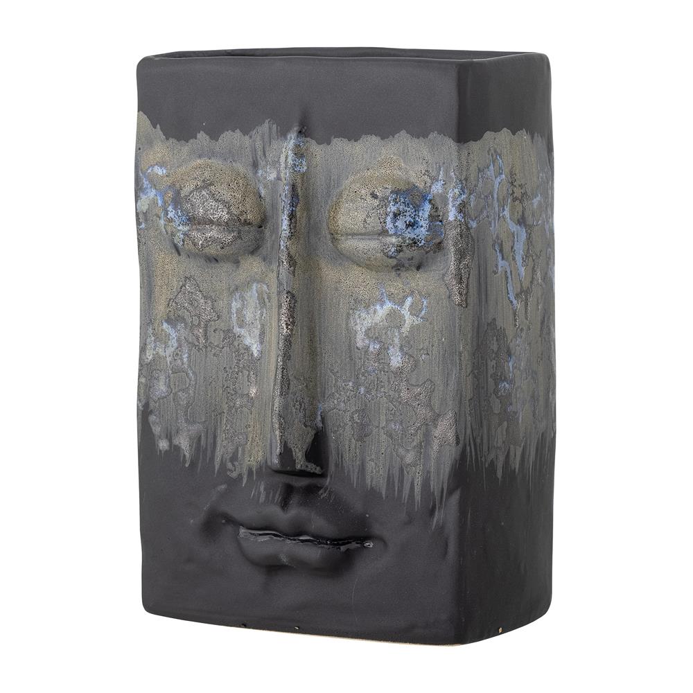 Bloomingville Nasru Vase – Schwarzes Steingut mit Gesichtsform, L15xH22xW10,5 cm