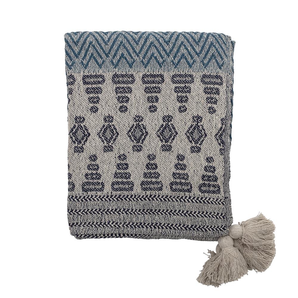 Bloomingville Milas Decke 160x130cm Blau Grau Baumwolle Quasten Tagesdecke Kuscheldecke Überwurf