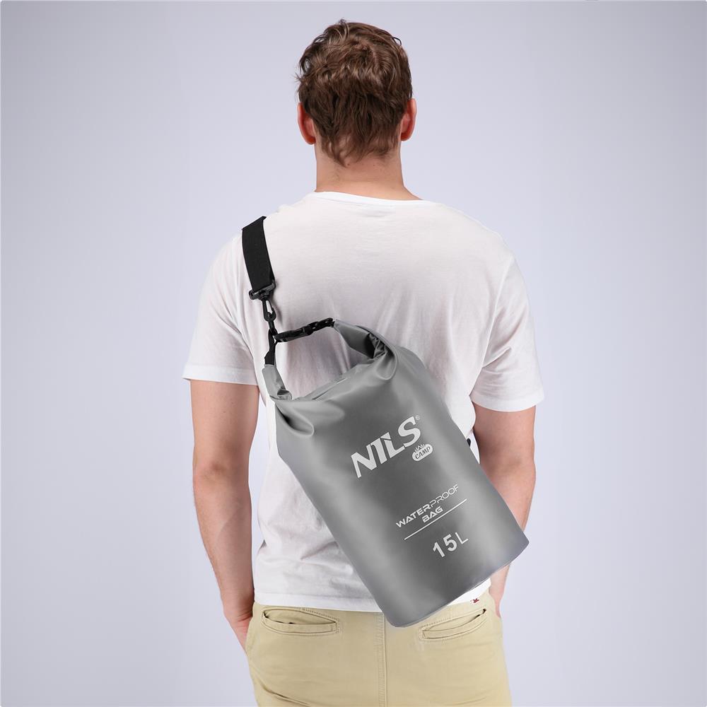 NILS CAMP Dry Bag 15L grau wasserdichter Beutel für Camping Kajak Strand Outdoor