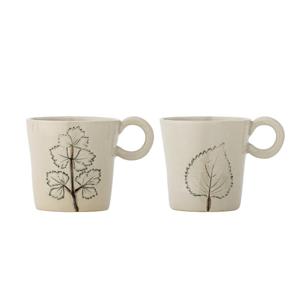 Bloomingville Aubrin Tassen 2er Set Steingut natur 340 ml Blattmotiv