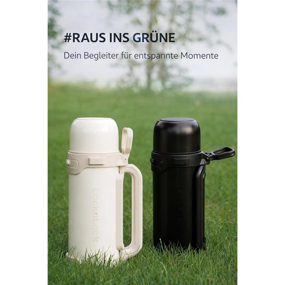 LocknLock Thermoskanne 1,8 L Schwarz, Becher, Edelstahl, Tragegurt, Auslaufsicher
