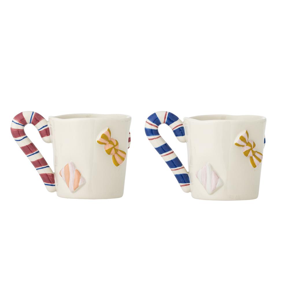 Bloomingville Candice Tasse 2er Set 264 ml bunt Steingut Weihnachtstassen mit Zuckerstangenhenkel