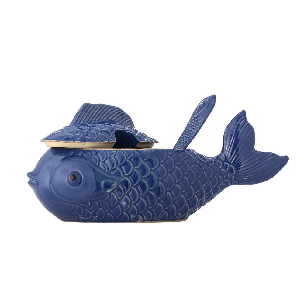 Bloomingville Hiro Gefäß mit Deckel und Löffel 1700 ml blau - Steingut Fischdose für Küche & Deko