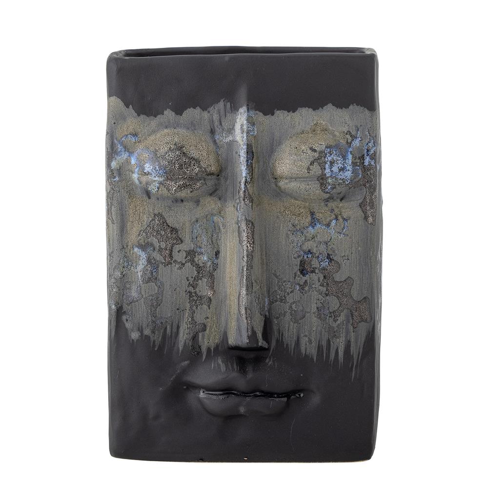 Bloomingville Nasru Vase – Schwarzes Steingut mit Gesichtsform, L15xH22xW10,5 cm