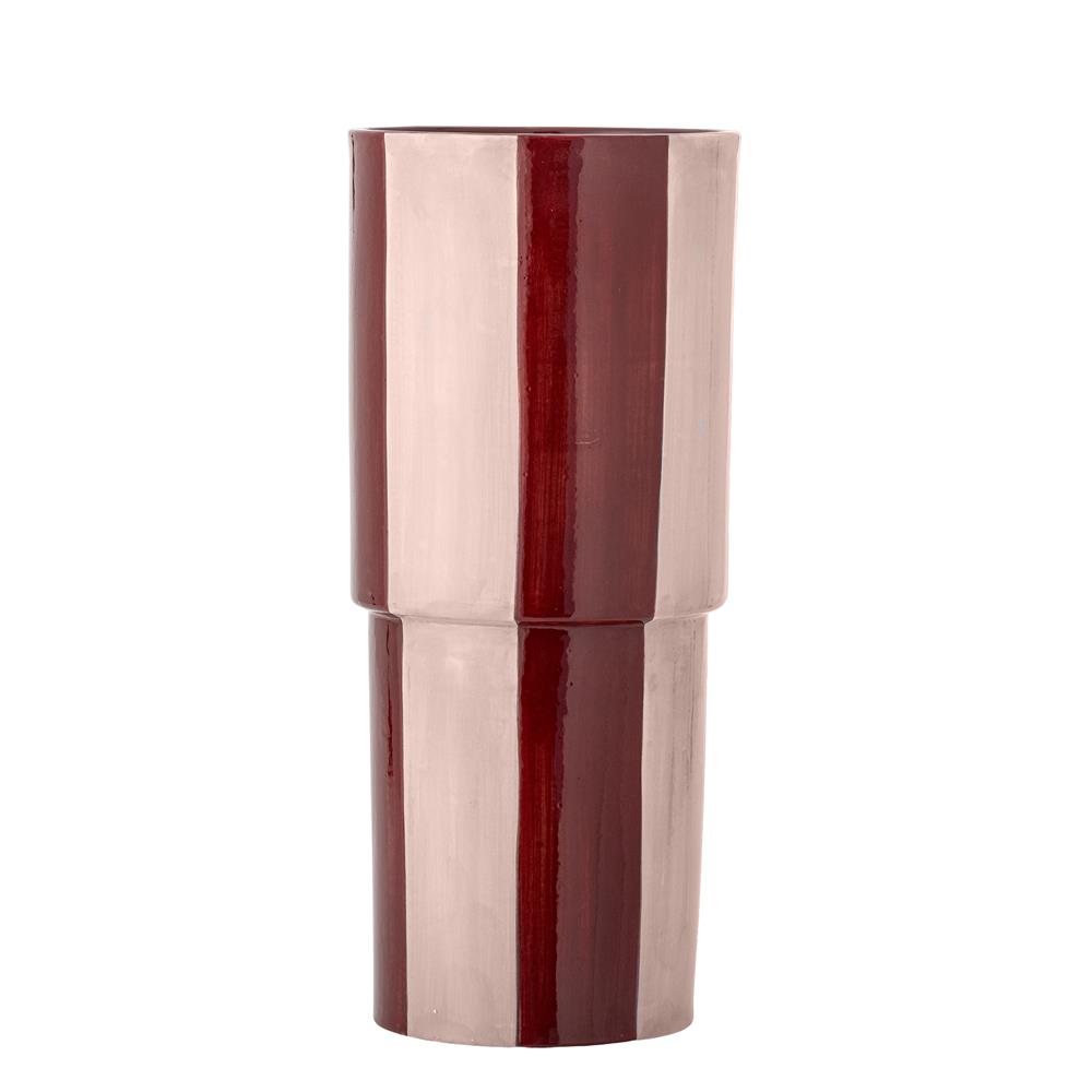 Bloomingville Floki Vase rot - handbemalte Steingutvase mit Streifenmuster für Wohnzimmer & Dekoration