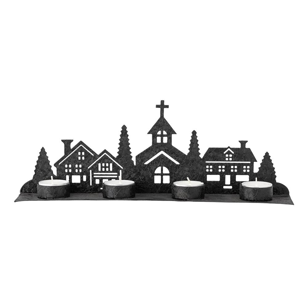 Bloomingville Cielo Teelichthalter, Schwarz, Eisen 35 cm Häuser-Silhouette