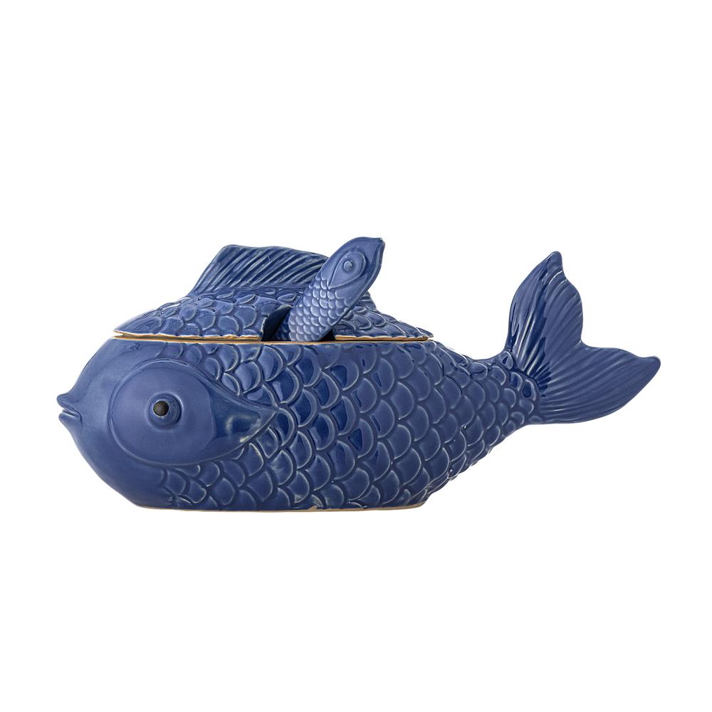 Bloomingville Hiro Gefäß mit Deckel und Löffel 1700 ml blau - Steingut Fischdose für Küche & Deko