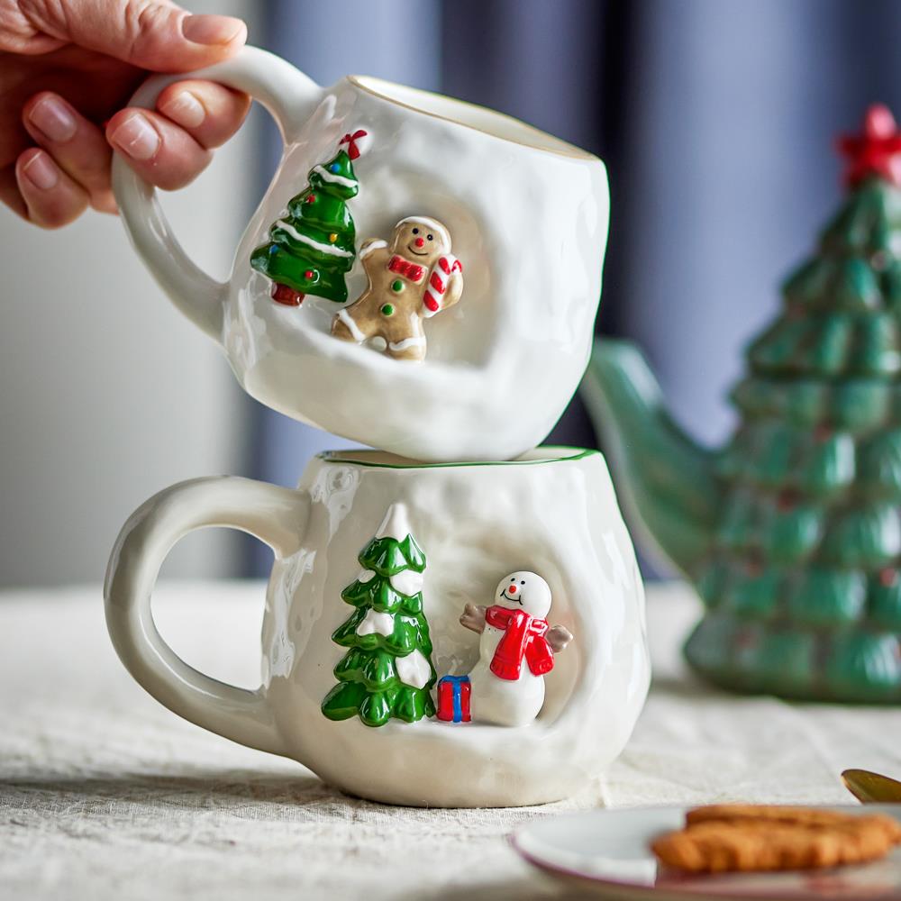 Bloomingville Ryne Tasse Weiß Steingut 2er Set Weihnachtstassen 440 ml