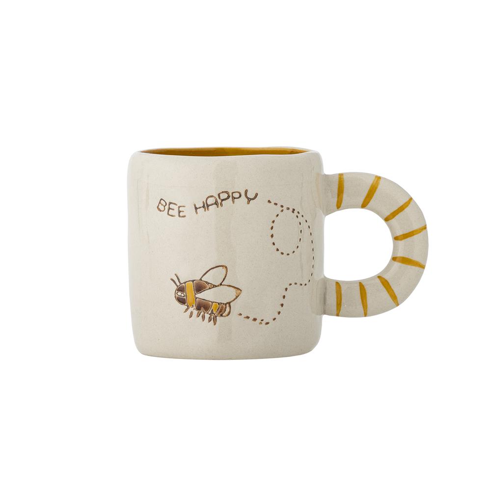 Bloomingville MINI Cloudy Tasse 225 ml Steingut, natur, Schriftzug "Bee Happy"