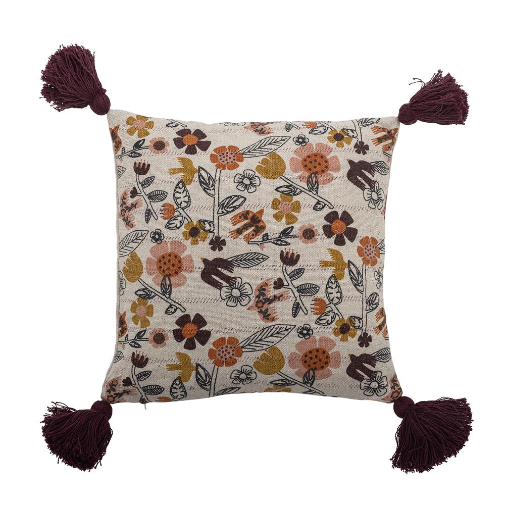 Bloomingville Vivielle Kissen 45x45 cm bunt - Baumwollkissen mit Blumenmuster & Quasten für Sofa